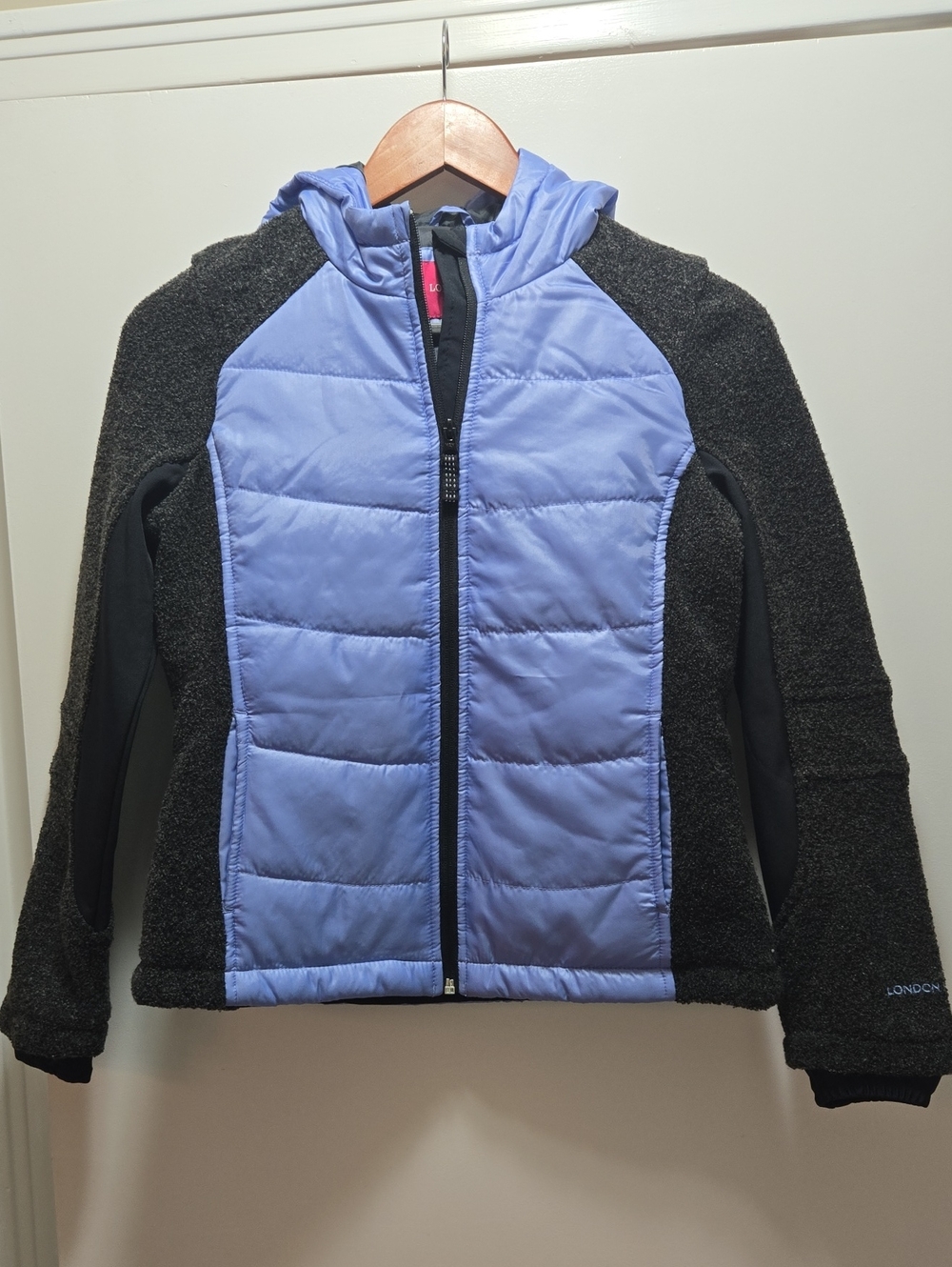 London Fog Two-Tone Hooded Puffer Jacket - Purple & Black